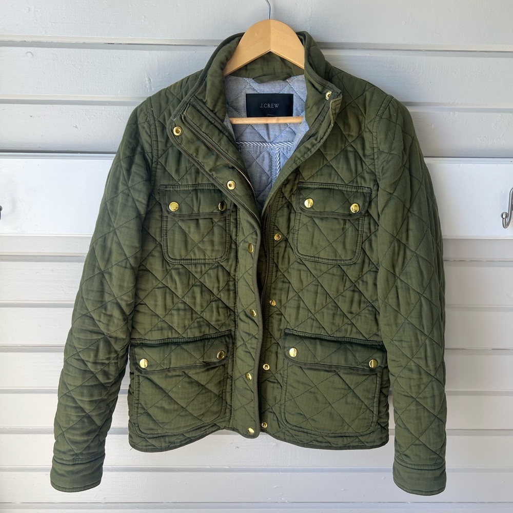 J. Crew Olive Quilted Jacket with Gold Accents Size Small TALL